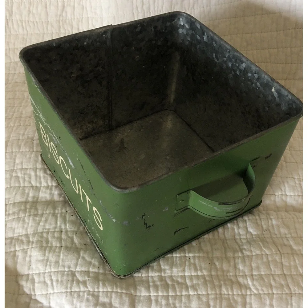 VTG Two's Company Green Metal Canisters Bread, Crackers & Biscuits Farmhouse